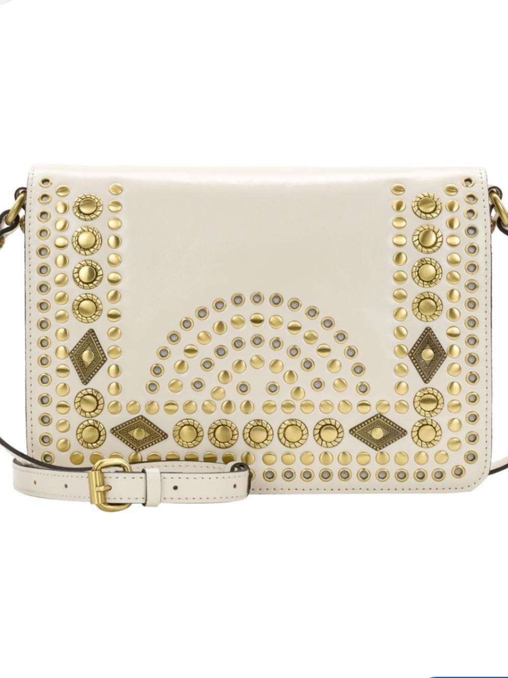 Patricia Nash Leather Cream Studded Leather Flap Crossbody with Gold Accents